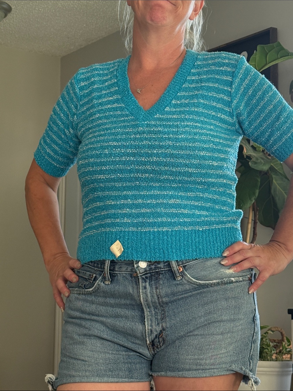 Vintage 1970s Teal The Bay Knitty Gritty V neck short sleeve sweater NWT small